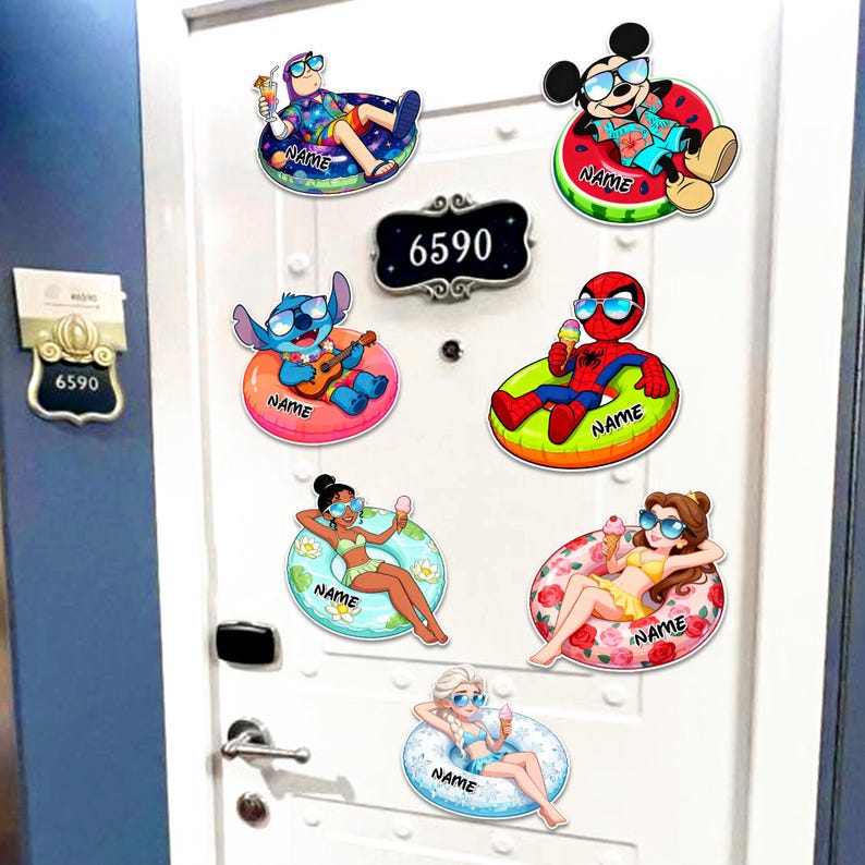 May include: A selection of vibrant cartoon character stickers, featuring Mickey Mouse, Spider-Man, and Disney princesses, all lounging on inflatable rings. The stickers are designed with sunglasses and ice cream, ideal for summer. The word "NAME" is printed on each sticker.