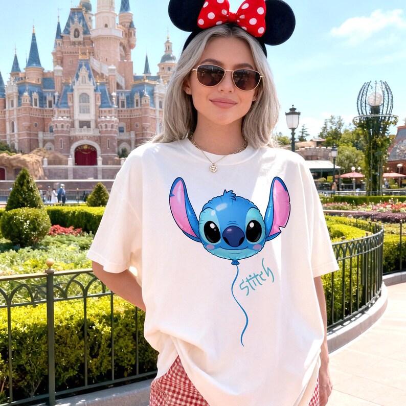 May include: A white short-sleeved t-shirt featuring a graphic of the character Stitch designed as a blue balloon with large pink ears and black eyes. Below the balloon graphic, the word Stitch is written in a light blue cursive script font.