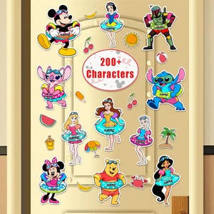 May include: A collection of colorful cartoon character stickers, including Mickey Mouse, Stitch, and various Disney princesses, each wearing a swim ring. The stickers are arranged on a white background, with the text "200+ Characters" in the center.