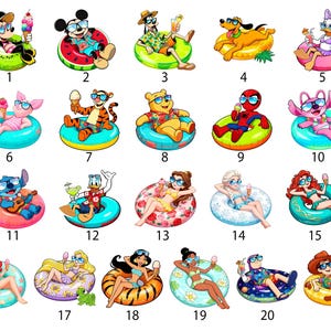 May include: A set of 21 cartoon characters, including Mickey Mouse, Donald Duck, and other Disney and Marvel characters, each on a colourful inflatable ring. They are wearing sunglasses and holding ice cream, perfect for summer.