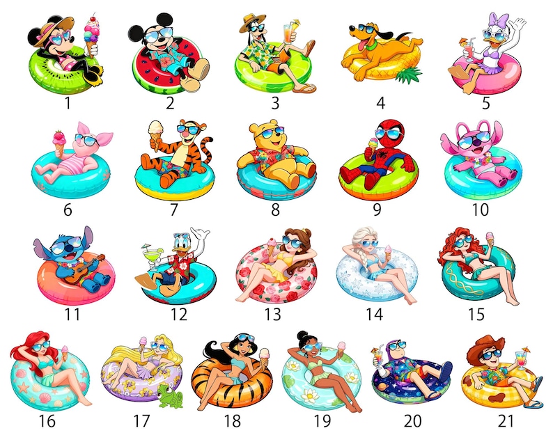 May include: A set of 21 cartoon characters, including Mickey Mouse, Donald Duck, and other Disney and Marvel characters, each on a colourful inflatable ring. They are wearing sunglasses and holding ice cream, perfect for summer.