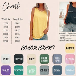 May include: A yellow tank top is modeled in this image, alongside a size chart and color options. The size chart shows measurements in inches, with widths ranging from 17.50 to 27.00 inches and lengths from 26.62 to 32.50 inches. Color options include black, white, and blue.