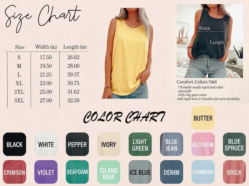 May include: A yellow tank top is modeled in this image, alongside a size chart and color options. The size chart shows measurements in inches, with widths ranging from 17.50 to 27.00 inches and lengths from 26.62 to 32.50 inches. Color options include black, white, and blue.