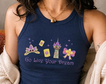 EMBROIDERED Rapunzel Tangled Spaghetti Trap Tank, Rapunzel Princess Go Live Your Dream Lace Trim Tank Top, Disney Princess Crop Top Tank