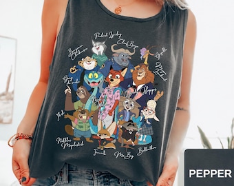 Comfort Colors Disney Zootopia Characters Signature sketch Tank Top, Judy Hopps Nick Wilde Zotropolis Tank Top, WDW Disneyland Trip Tank Top