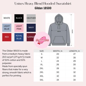 May include: A size and colour chart for a Unisex Heavy Blend Hooded Sweatshirt, Gildan 18500. The chart displays colour swatches and size measurements in inches. The available colours are white, black, heather, light blue, light pink, navy, red, royal blue, and garnet.