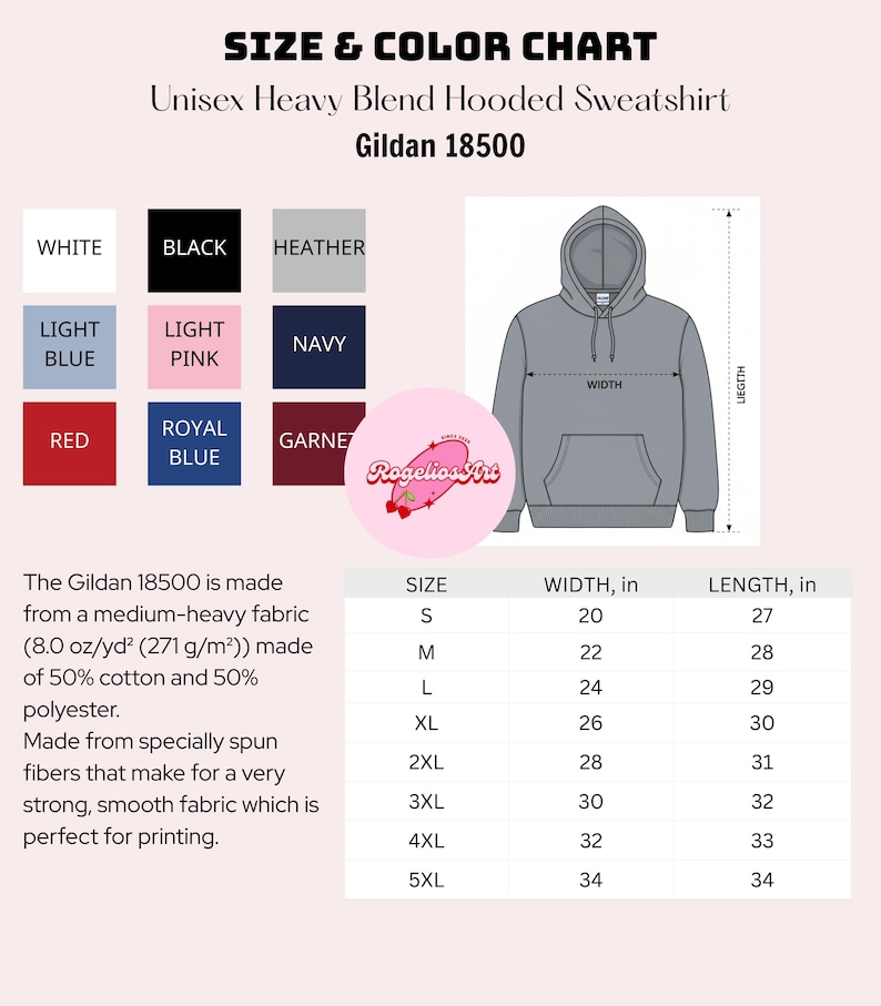 May include: A size and colour chart for a Unisex Heavy Blend Hooded Sweatshirt, Gildan 18500. The chart displays colour swatches and size measurements in inches. The available colours are white, black, heather, light blue, light pink, navy, red, royal blue, and garnet.