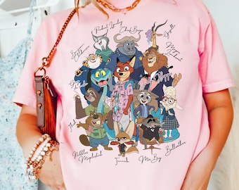 Comfort Color Disney Zootopia Characters Signature sketch Shirt, Judy Hopps Nick Wilde Zotropolis Family Matching Tee, WDW Disneyland Trip