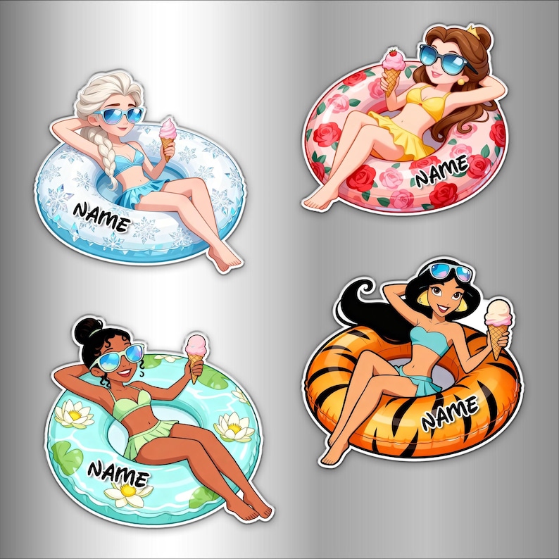 May include: Four stickers depicting cartoon characters in swimwear and sunglasses, lounging on inflatable rings. Each character holds an ice cream cone. The rings feature various designs, including floral and tiger stripes. Each sticker has the word "NAME" on it.