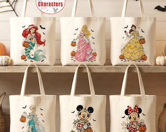 200+ Custom Sketch Disney All Character Halloween Lights Canvas Tote Bags, Not so Scary Halloween Tote Bag, Halloween Gift Bags