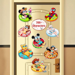 May include: A collection of colorful cartoon character decals, each lounging in a pool float with an ice cream cone. The characters include Mickey Mouse, Spider-Man, Belle, Elsa, Winnie the Pooh, and Jasmine. The text "200+ Characters" is also visible.