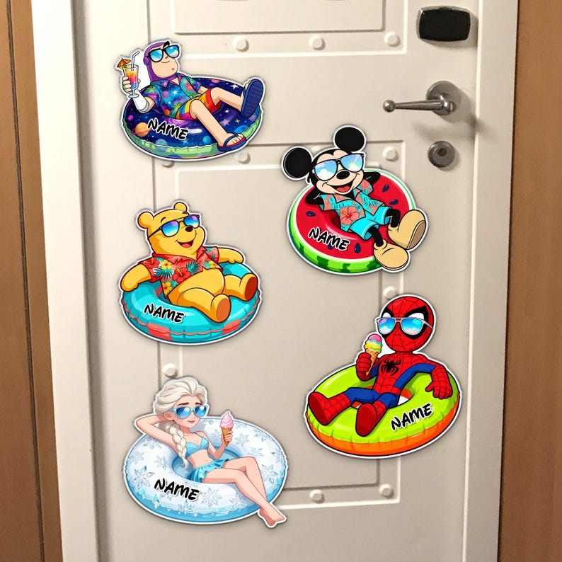 May include: A set of cartoon character stickers, each shown relaxing on a pool float. Characters include a figure with a cocktail, Mickey Mouse, Winnie the Pooh, Elsa, and Spider-Man. Each float has the word "NAME" on it.