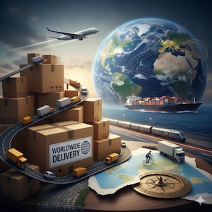 May include: An illustration depicting global shipping and delivery. Cardboard boxes with the text "WORLDWIDE DELIVERY" are stacked, with miniature trucks and cars on a road winding around them. An airplane, ship, and train are also shown, with a globe in the background.