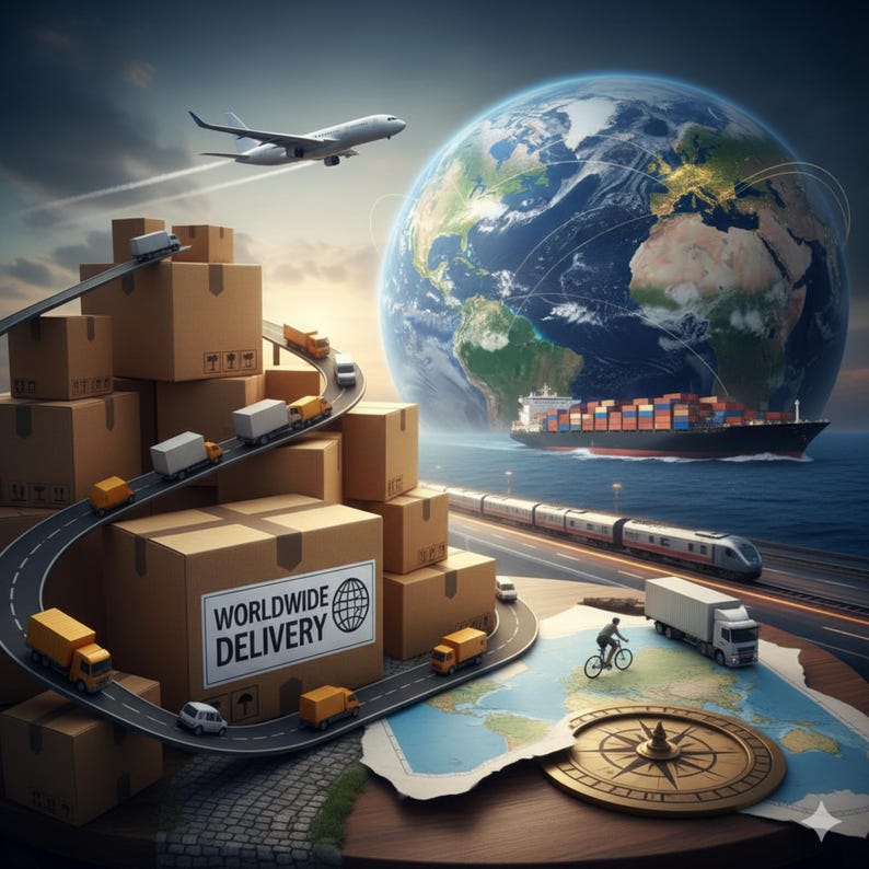 May include: An illustration depicting global shipping and delivery. Cardboard boxes with the text "WORLDWIDE DELIVERY" are stacked, with miniature trucks and cars on a road winding around them. An airplane, ship, and train are also shown, with a globe in the background.