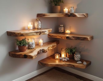 Estante flotante de madera con borde natural, estilo rústico de granja, estante de pared de madera maciza