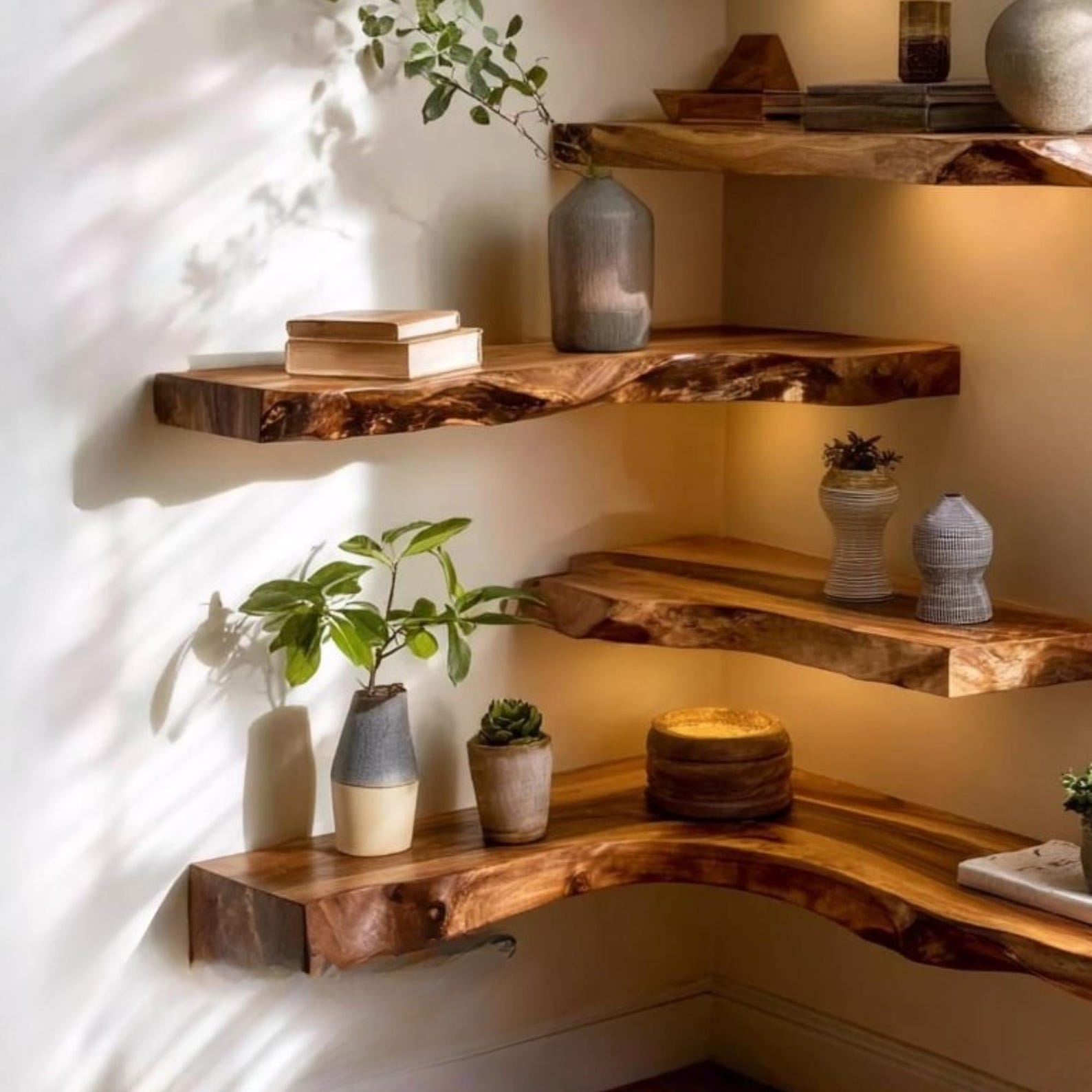 Handcrafted Live Edge Corner Wall Shelf, Rustic Wood Floating Shelf for ...