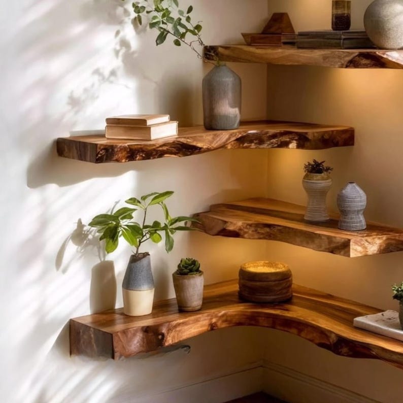 Handcrafted Live Edge Corner Wall Shelf, Rustic Wood Floating Shelf for ...