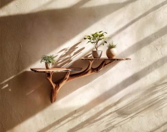 Estantería de madera maciza con diseño de árbol para pared, rústica, natural, para decoración del hogar