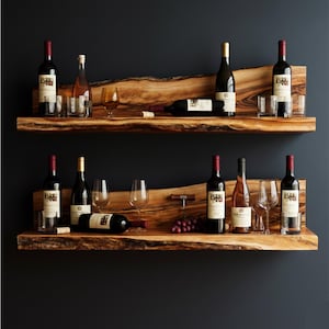 FEATHERLEE Natural Live Edge Wood Wall Mount Wine Rack - Holds 4 Bottles Rustic Display 244396