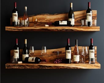 Estante flotante para vinoteca de madera de suar con borde natural