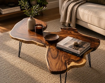 Wood Live Edge Coffee Table, Rustic Table for Natural Farmhouse Living Room
