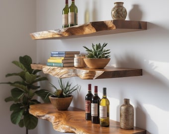 Estantes flotantes rústicos de borde natural – Acabado en madera natural – Muebles para el hogar hechos a mano