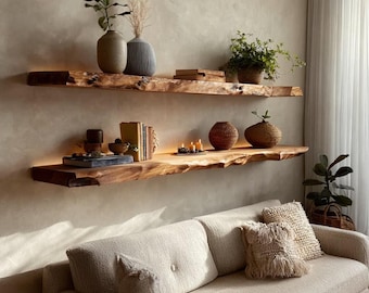 Estante flotante largo con borde natural – Estante de pared rústico de madera, decoración de pared estilo granja