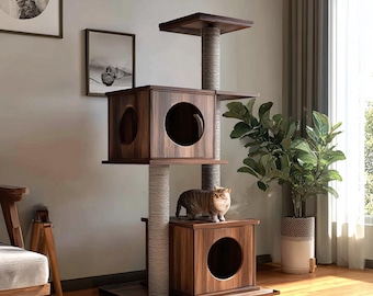 Árbol rascador de madera para gatos – Mueble artesanal de madera maciza para gatos, estante de pared para gatos, decoración de pared natural para mascotas
