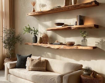 Estante flotante largo rústico de madera maciza con borde natural