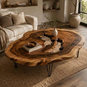 May include: A live edge wood coffee table with a natural organic shape and a central void, featuring a rich brown grain pattern. The table is supported by four thin black metal hairpin legs and holds a small dark bowl and two stacked books.
