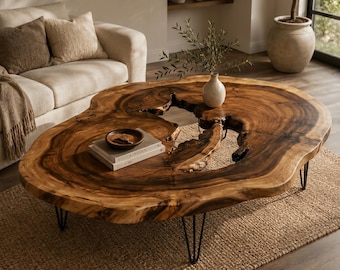 Live Edge Coffee Table, Rustic Solid Wood Table for Natural Farmhouse Living Room
