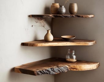 Handgemaakte live-edge hoekplanken, rustieke houten zwevende plank voor modern minimalistisch huis