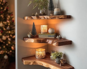 Estante de esquina de borde vivo hecho a mano: Estante flotante rústico de madera Monkey Pod