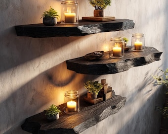 Estante flotante de borde natural: Decoración de pared de madera con forma de vaina de mono negro