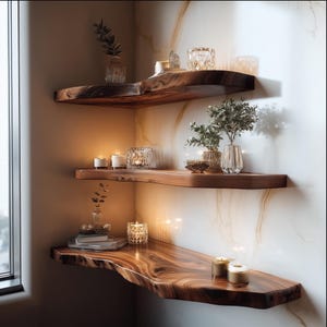 Op de afbeelding: Drie houten planken in een hoek, die een warme sfeer creëren. De planken tonen kaarsen, glazen vazen en kleine planten. De houtnerf is zichtbaar en het ontwerp suggereert een focus op natuurlijke elementen en interieurdecoratie.