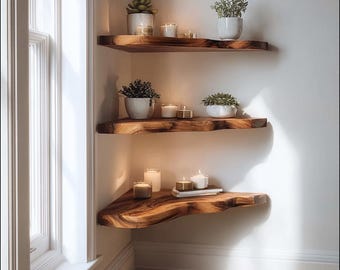 Estantes de esquina de madera con borde vivo, estante de pared flotante de esquina rústico
