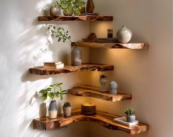 Estante esquinero de pared artesanal con borde natural, estante flotante rústico de madera para decoración del hogar