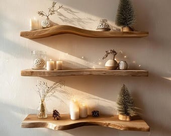 Live Edge Curved Wooden Floating Shelf: Wavy Wall Mounted Solid Wood Shelf