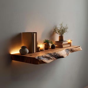 May include: A floating wooden shelf with a live edge, illuminated from below. The shelf displays books, small potted plants, candles, and decorative stones. The wood has a natural, warm brown color, creating a rustic and inviting aesthetic.