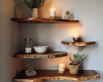Estantes flotantes rústicos de borde natural: estanterías de pared de madera maciza para la decoración del hogar