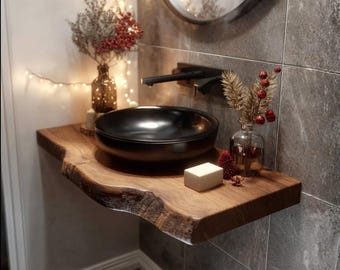Bathroom Floating Shelf, Rustic Live Edge Wood Vanity Top for Modern Minimalist Bathroom