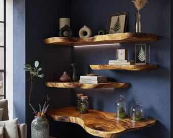 Estantes flotantes esquineros rústicos con borde natural: muebles de pared de madera natural