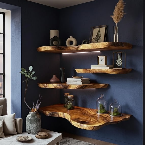 Rustic Live Edge Corner Floating Shelves – Natural Wood Wall Furniture