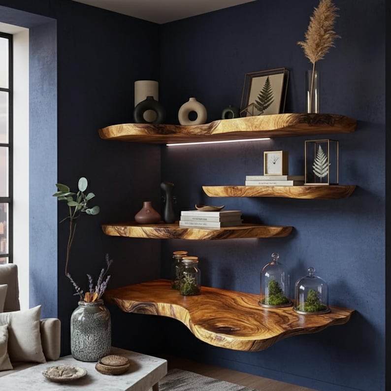 May include: Wooden floating shelves with a live edge design are mounted on a dark blue wall. The shelves display decorative vases, books, framed art, and glass cloches with plants. A modern interior design concept.