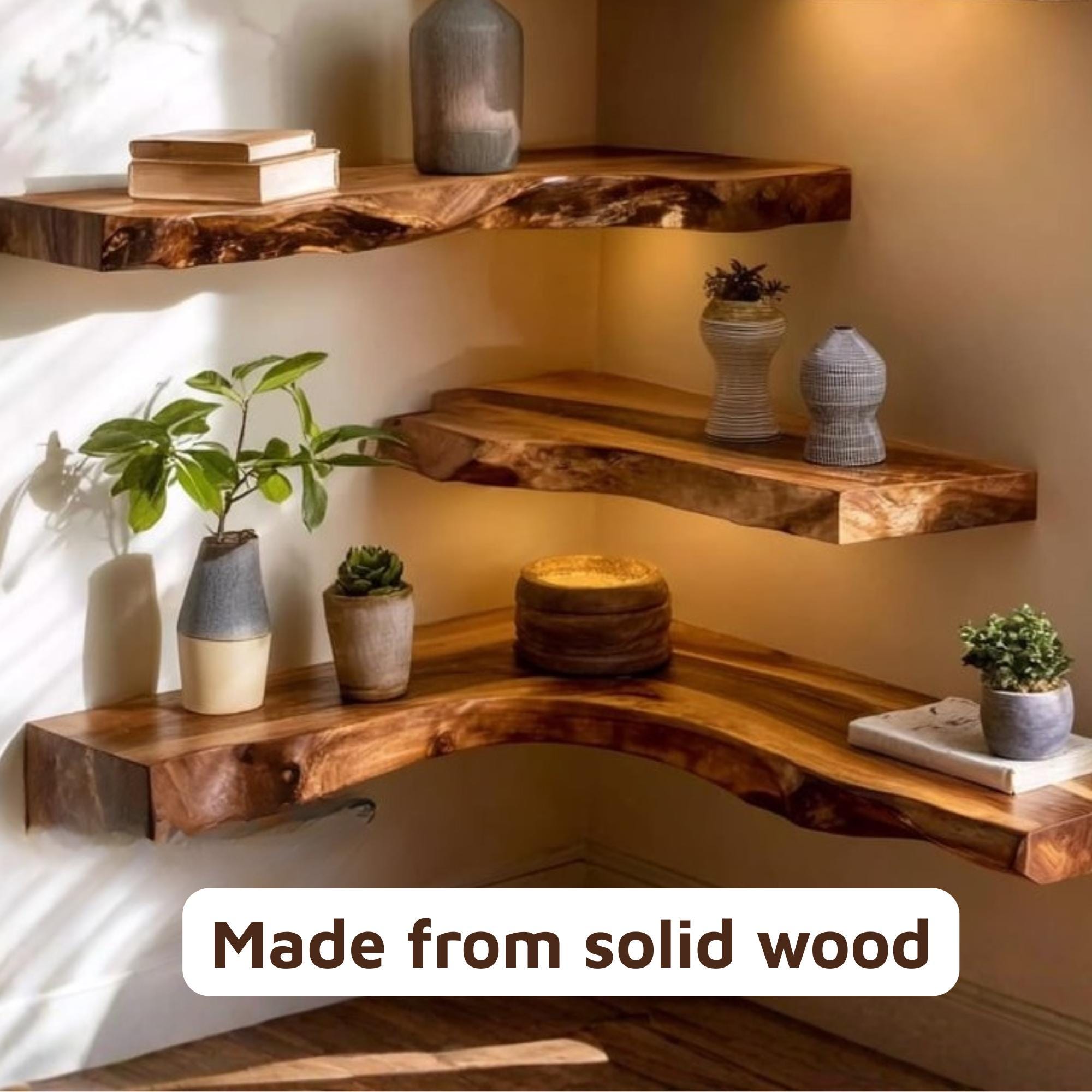 Handcrafted Live Edge Corner Wall Shelf, Rustic Wood Floating Shelf for ...
