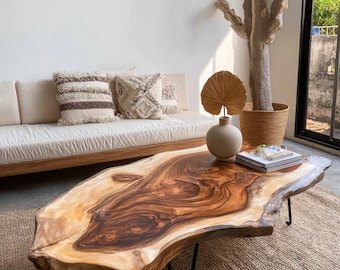 Mesa de centro de borde natural, mesa rústica de madera maciza para sala de estar de estilo rústico.