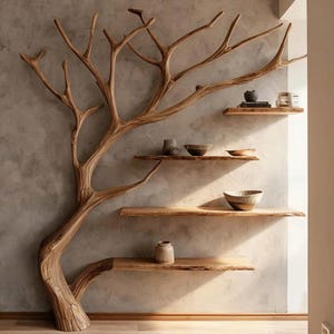 Op de afbeelding: Een uniek houten wandrek in de vorm van een boom met vier natuurlijke houten planken. Het boomontwerp loopt langs de muur, met diverse decoratieve items op de planken, waaronder kommen en vazen. De muur is neutraal grijs.