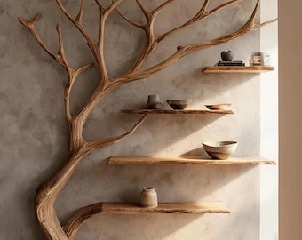 Estantería de madera maciza hecha a mano para pared, estilo rústico, con diseño de árbol