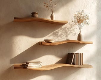 Estante de pared curvo de borde natural hecho a mano: decoración de pared de madera de suar flotante ondulada