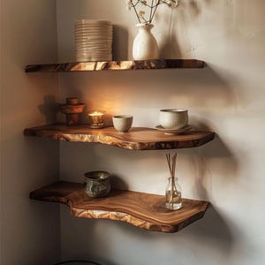 May include: Three wooden shelves with live edges are mounted on a neutral-colored wall. The shelves hold various decorative items, including ceramic vases, a candle, and a small cup. The wood has a warm, natural tone, creating a rustic and inviting aesthetic.